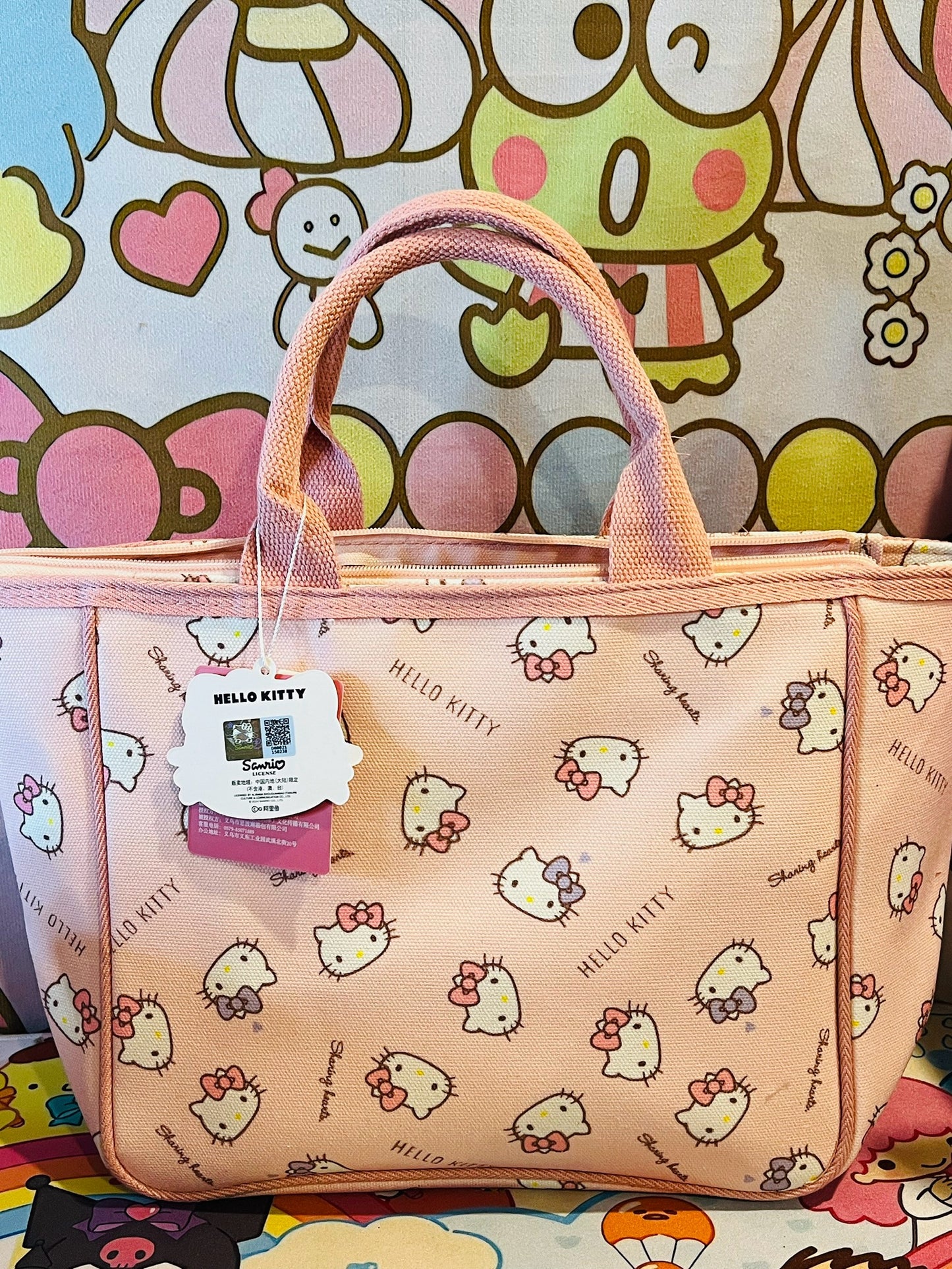 Hello Kitty Canvas Tote Bag Zip Close Handbag