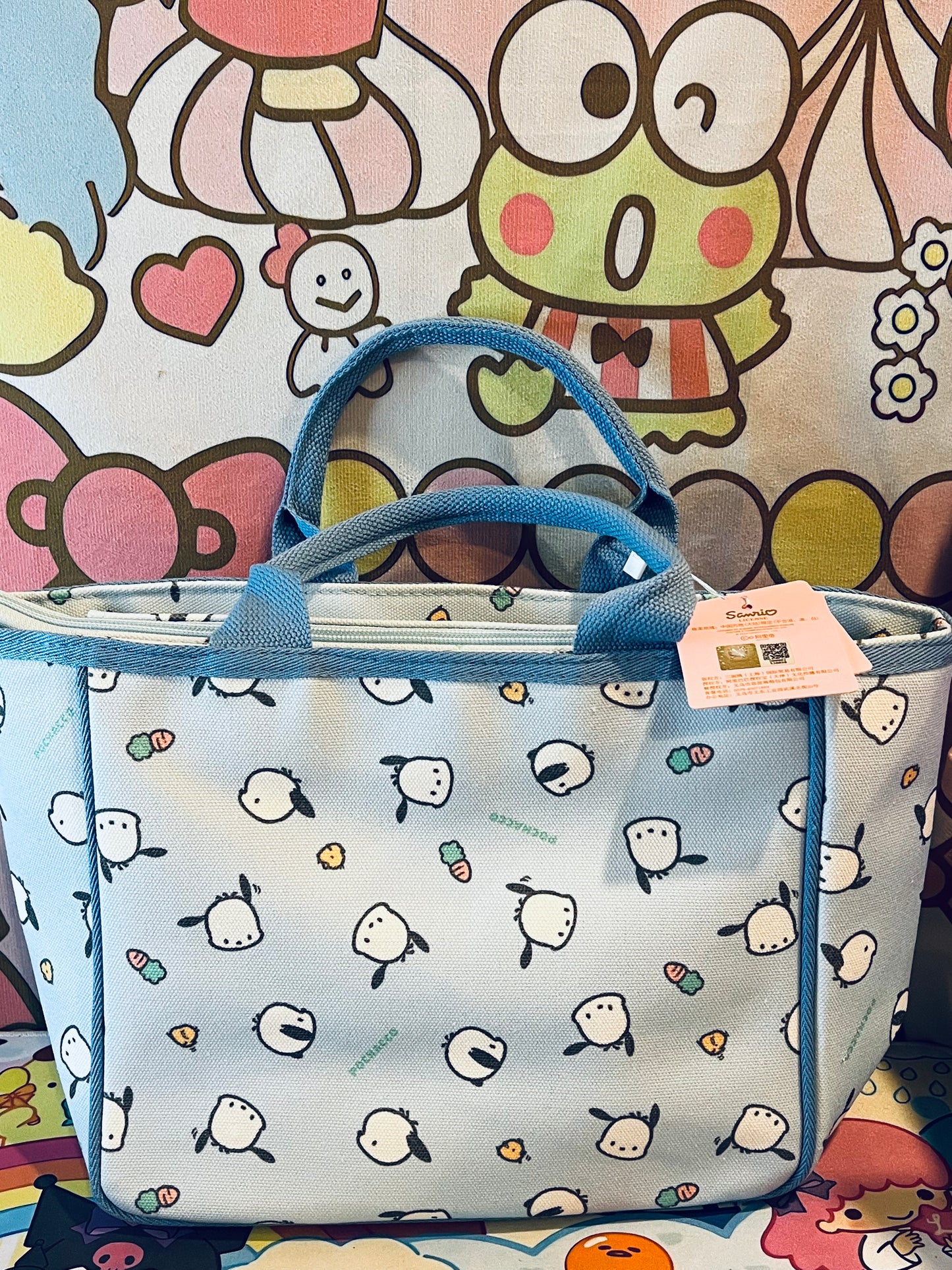 Pochacco Canvas Tote Bag Zip Close Handbag